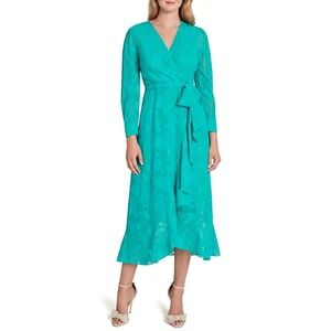 Tahari Dress Women 14 Green Lace Wrap Midi Long Sleeve Elegant Wedding Guest